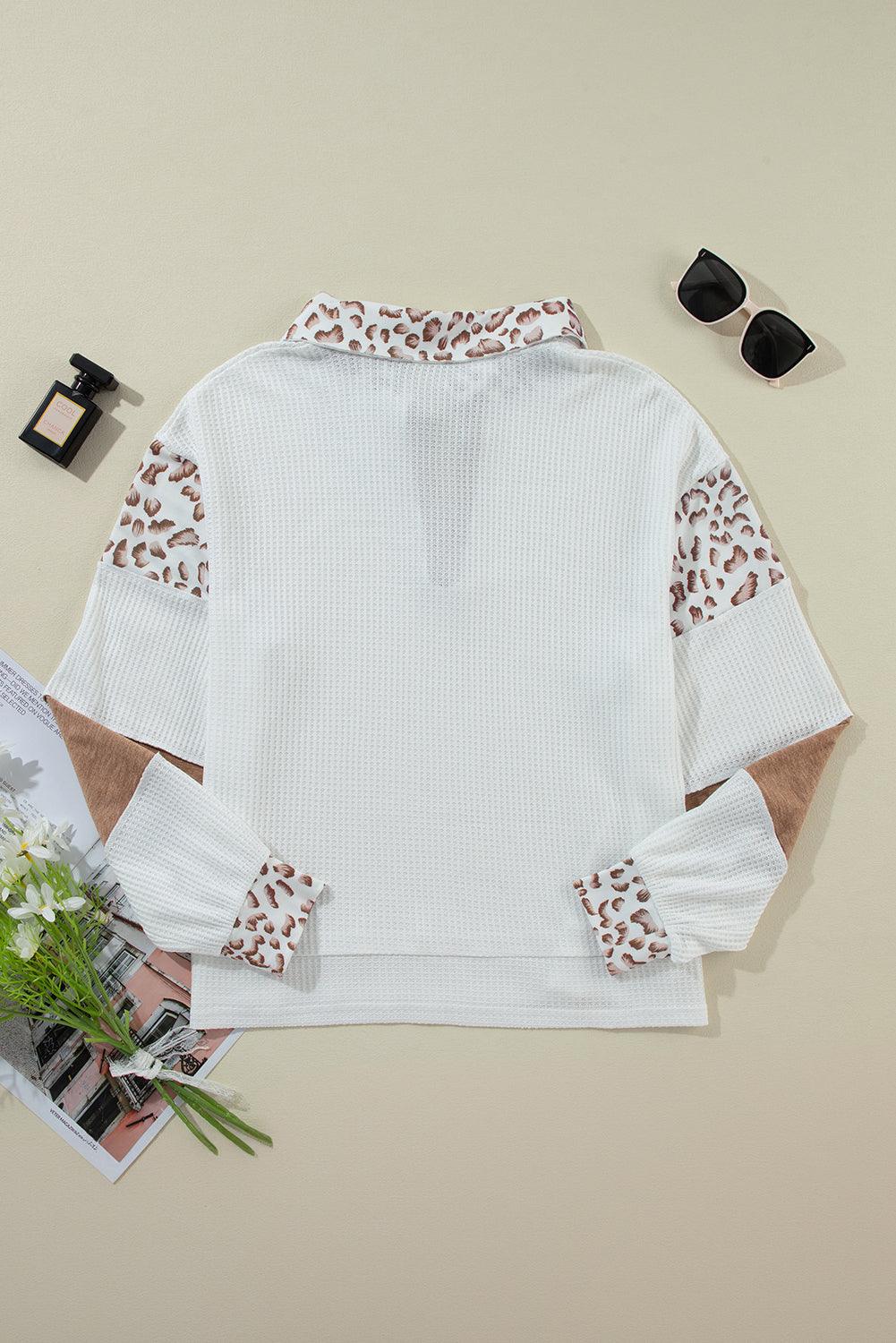 White Leopard Patchwork Turn-down Collar Waffle Top - The Fair Lady Shop
