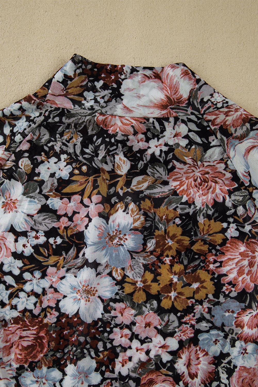 Brown Floral Print Mesh Mock Neck Slim Top - The Fair Lady Shop