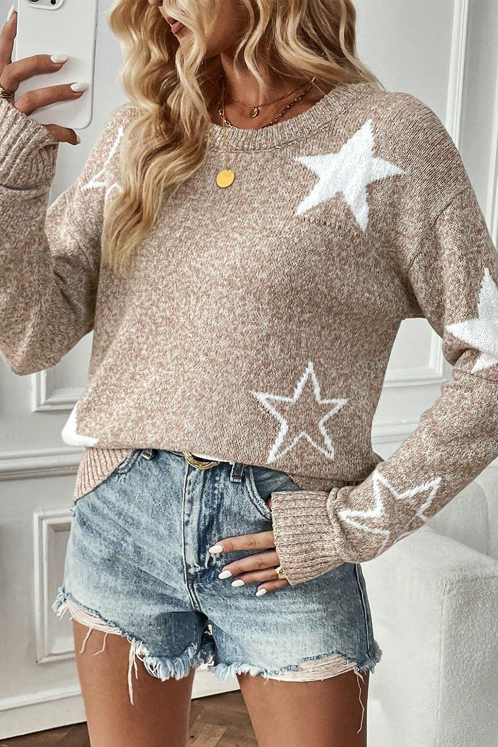 Khaki Star Pattern Drop Shoulder Knit Sweater - The Fair Lady Shop