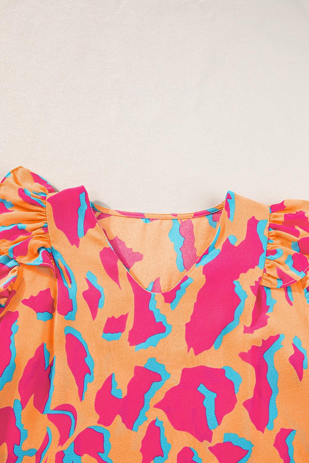 Orange Abstract Print V Neck Ruffled Sleeve Blouse - The Fair Lady Shop