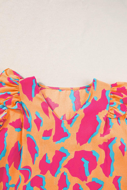 Orange Abstract Print V Neck Ruffled Sleeve Blouse - The Fair Lady Shop