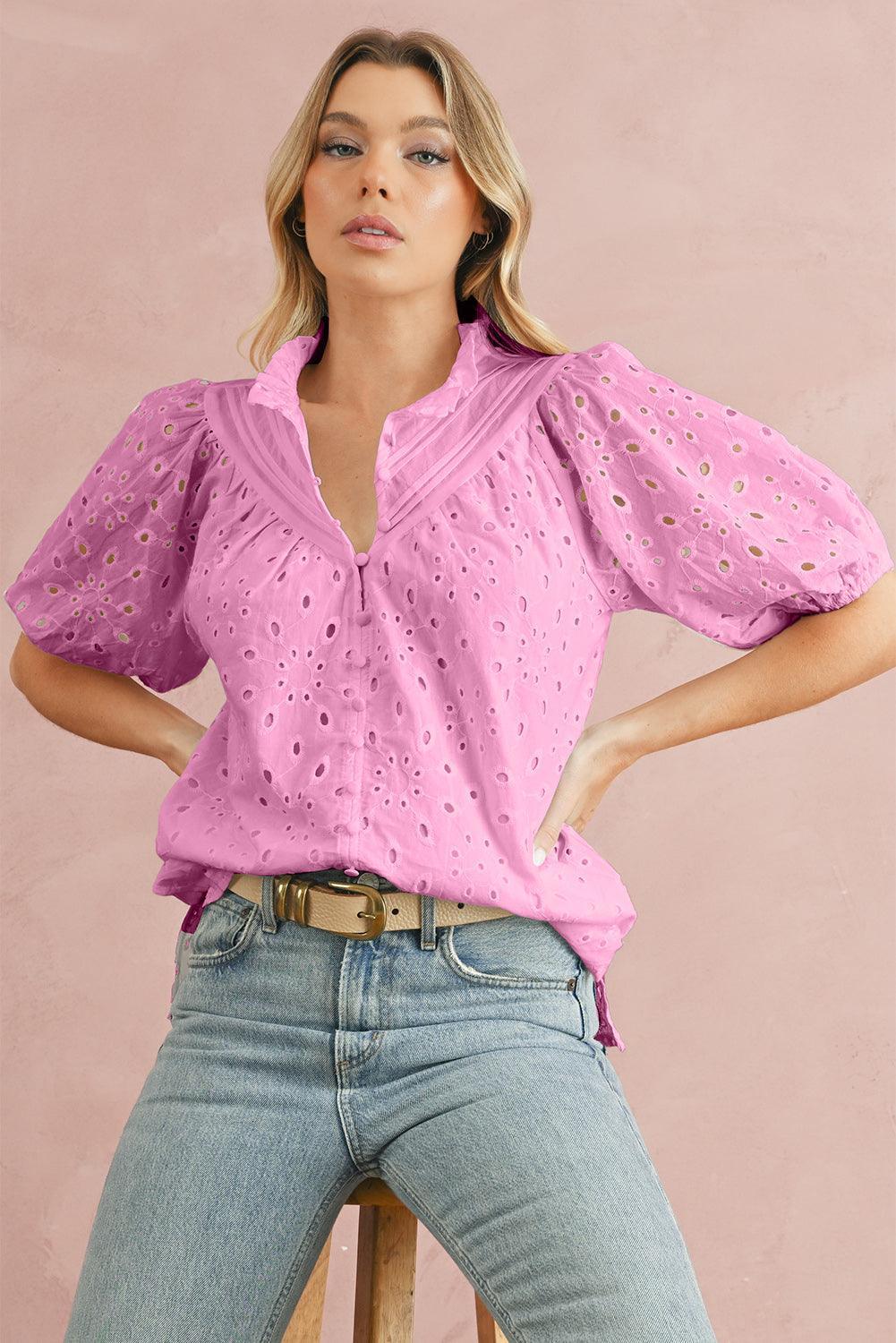 Bonbon Hollow-out Flower Embroidered Short Puff Sleeve Blouse - The Fair Lady Shop