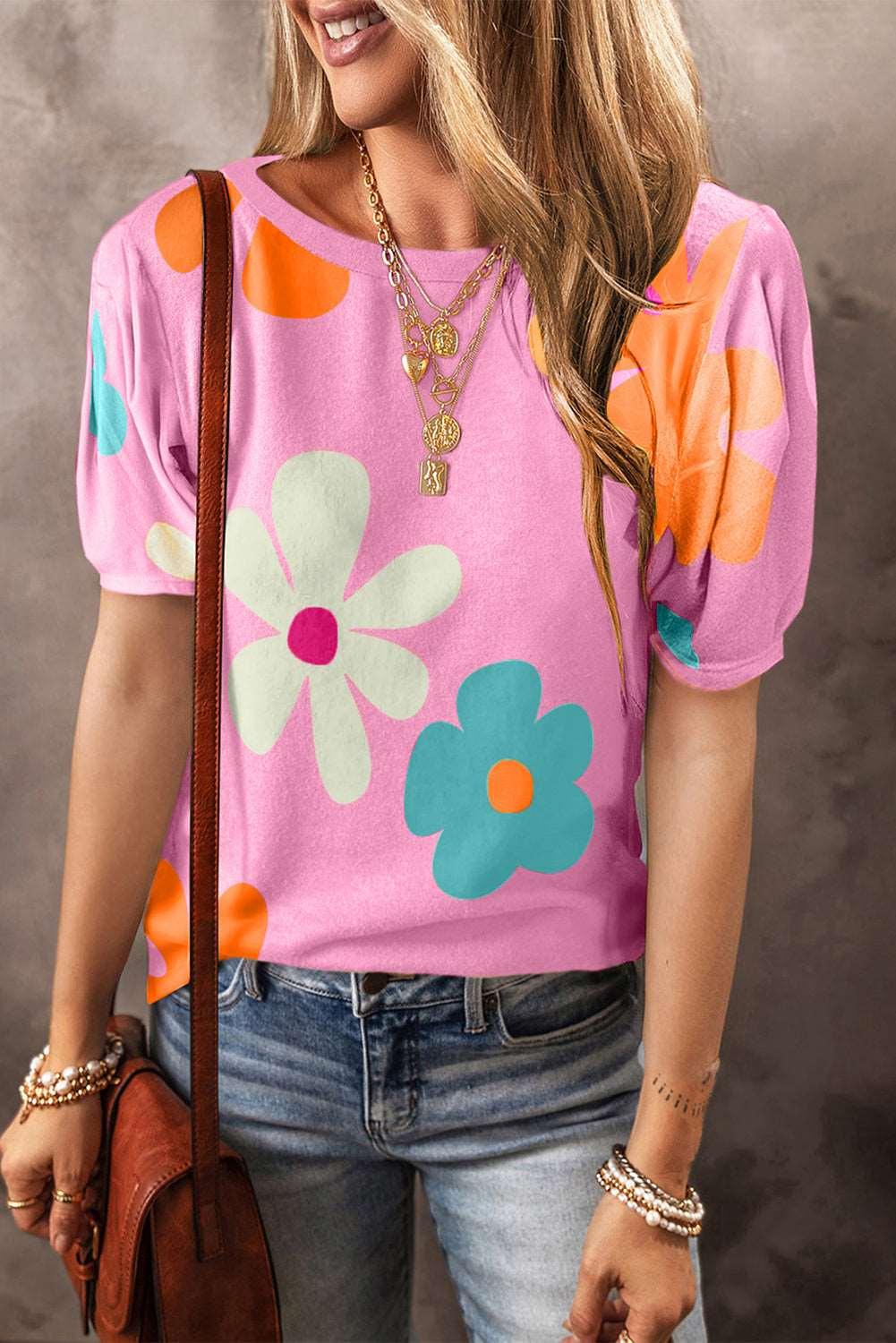 Apricot Colorful Flower Print Bubble Sleeve Tee - The Fair Lady Shop