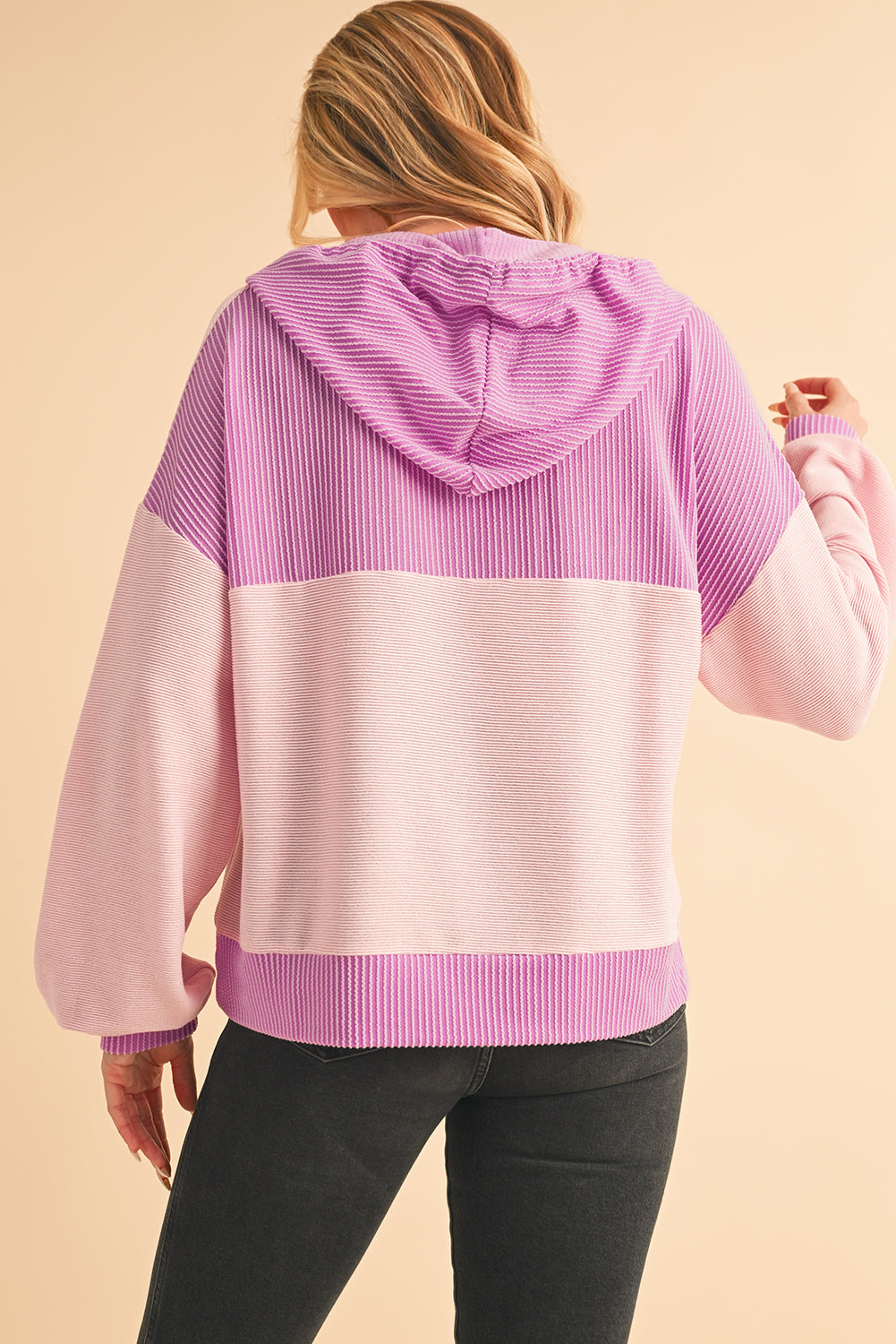 Light Pink Corded Patch Pocket Drawstring Henley Long Sleeve Tops - The Fair Lady Shop