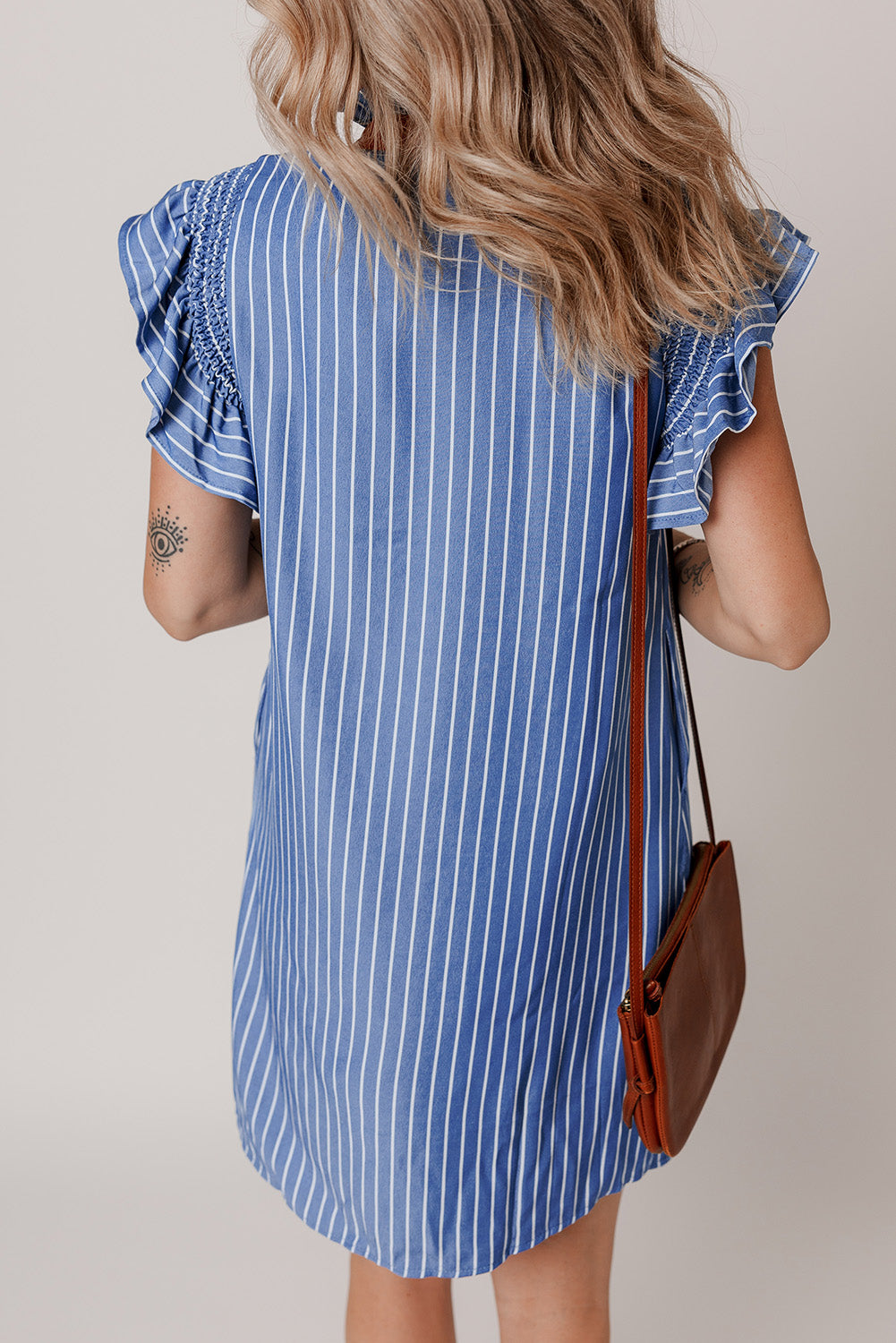Sky Blue Stripe Frilly Split Neck Shirred Ruffle Sleeve Mini Shift Dress - The Fair Lady Shop