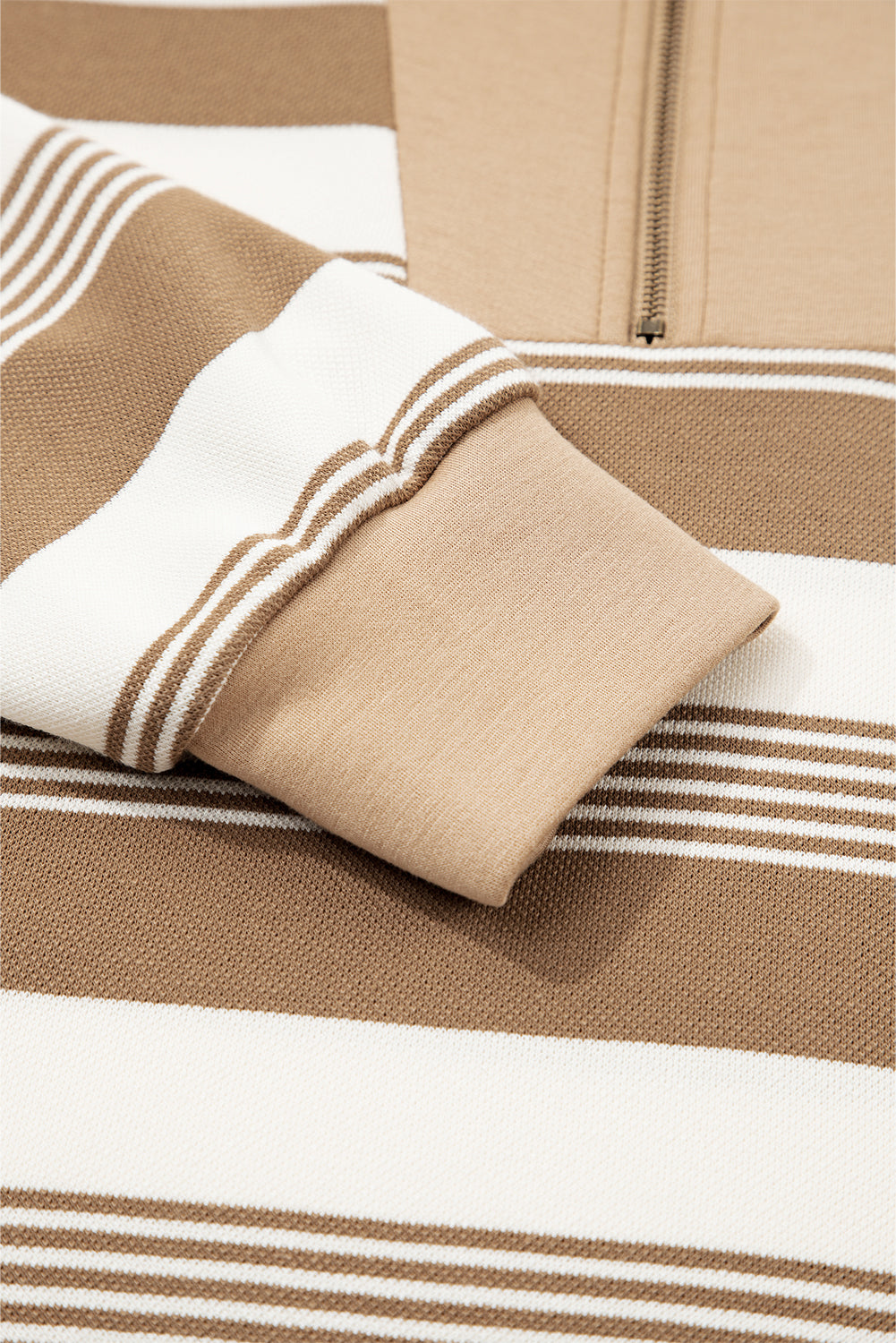 Khaki Striped Pullover Sweatshirt - Cozy Zipper Collar Design