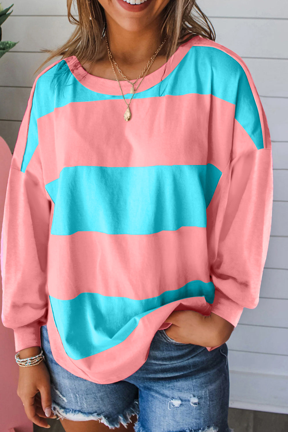 Light Blue Colorblock Drop Sleeve Round Neck Top - The Fair Lady Shop