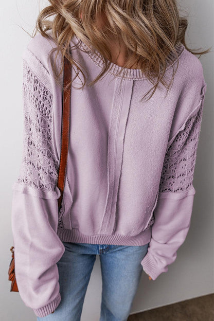 Orchid Petal Crochet Patchwork Exposed Seam Ribbed Trim Sweatshirt - The Fair Lady Shop