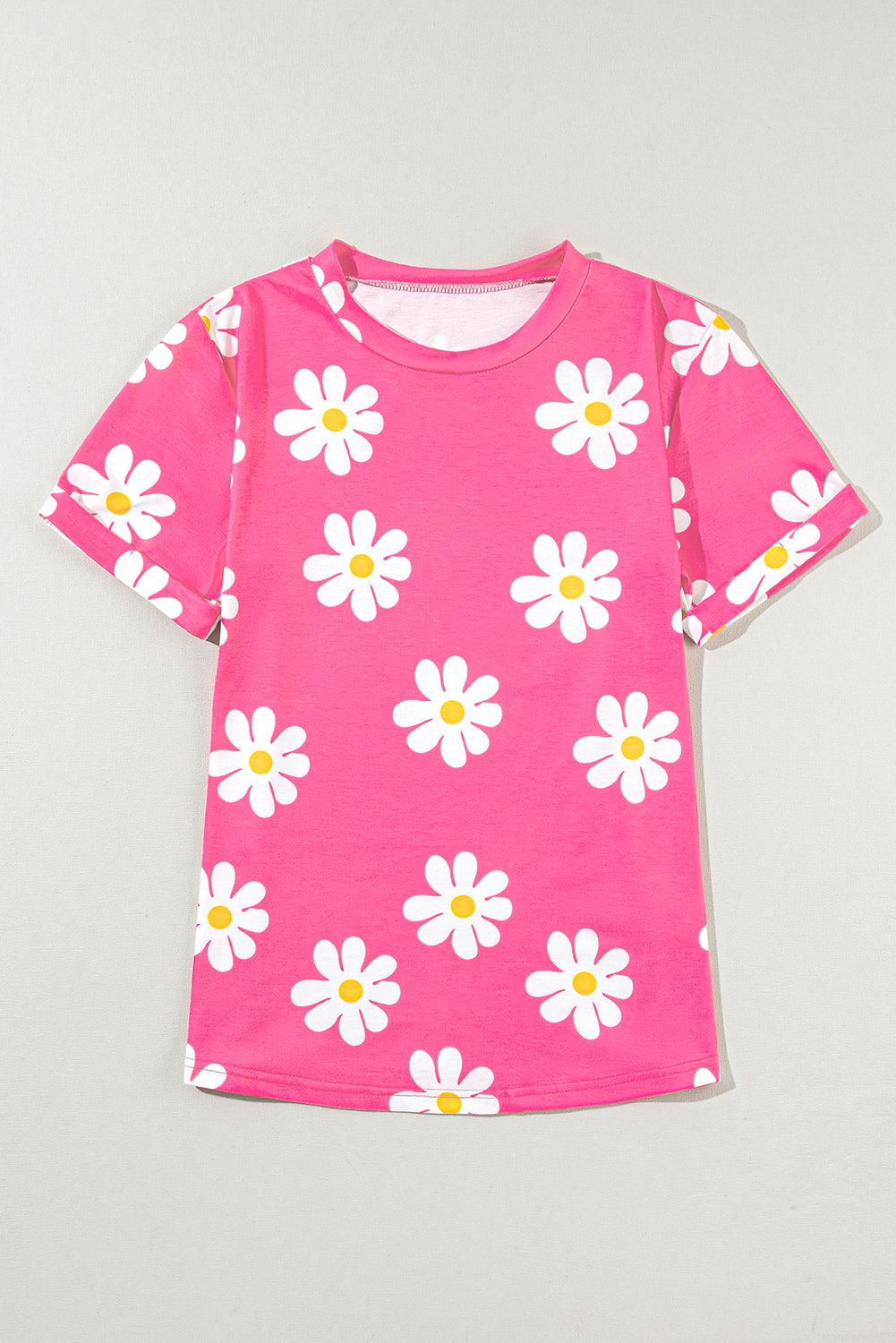 Sky Blue Daisy Print Crewneck T Shirt - The Fair Lady Shop