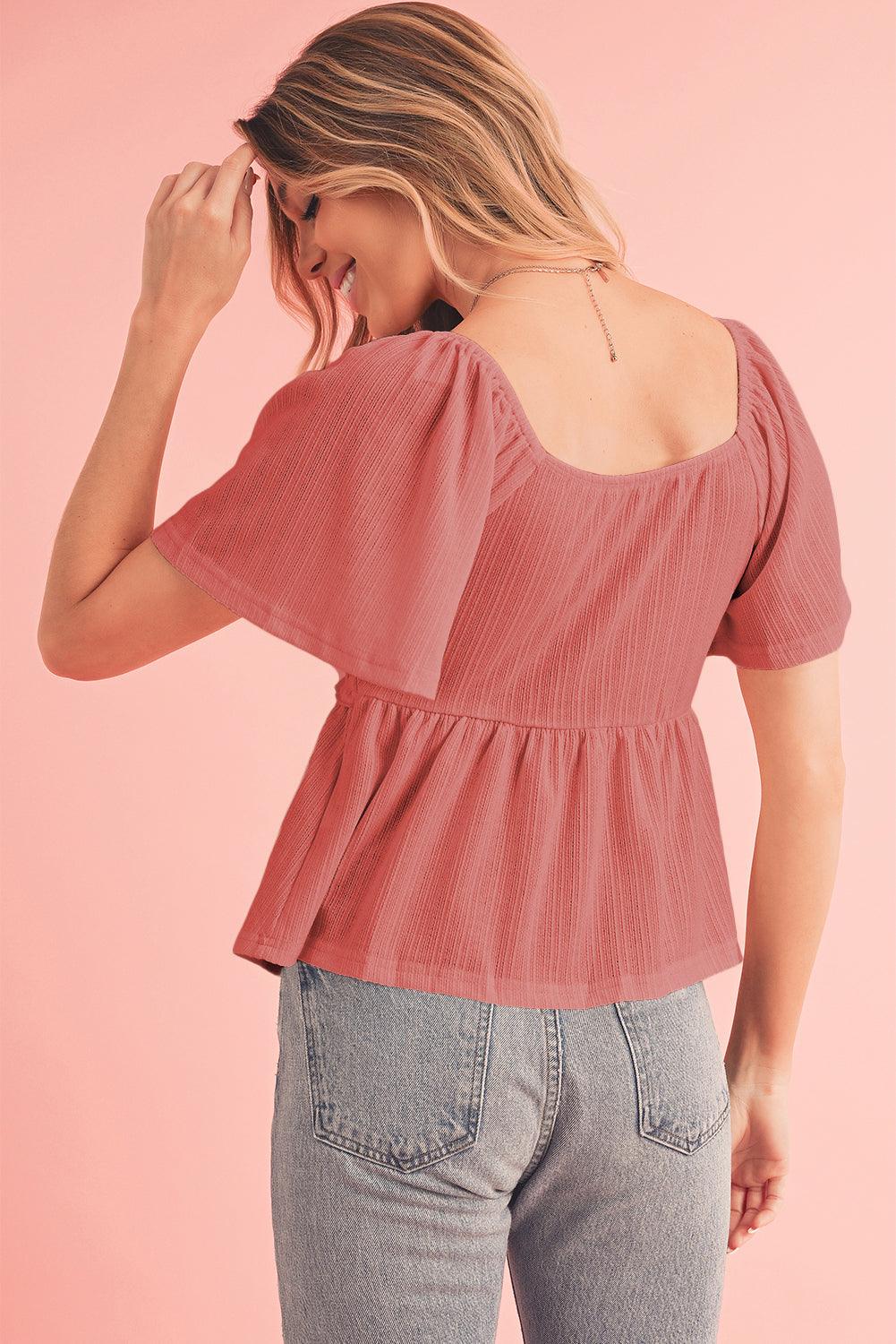 Tomato Red Shirred V Neck Short Flutter Sleeve Textured Blouse - The Fair Lady Shop