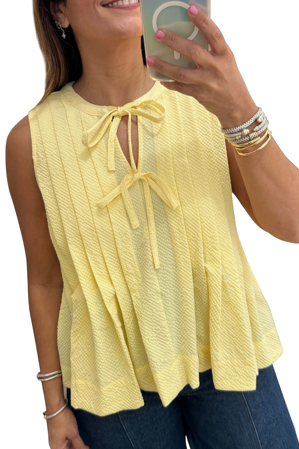 Yellow Cream Bow Tie Notched Neck Pleated Sleeveless Top - The Fair Lady Shop