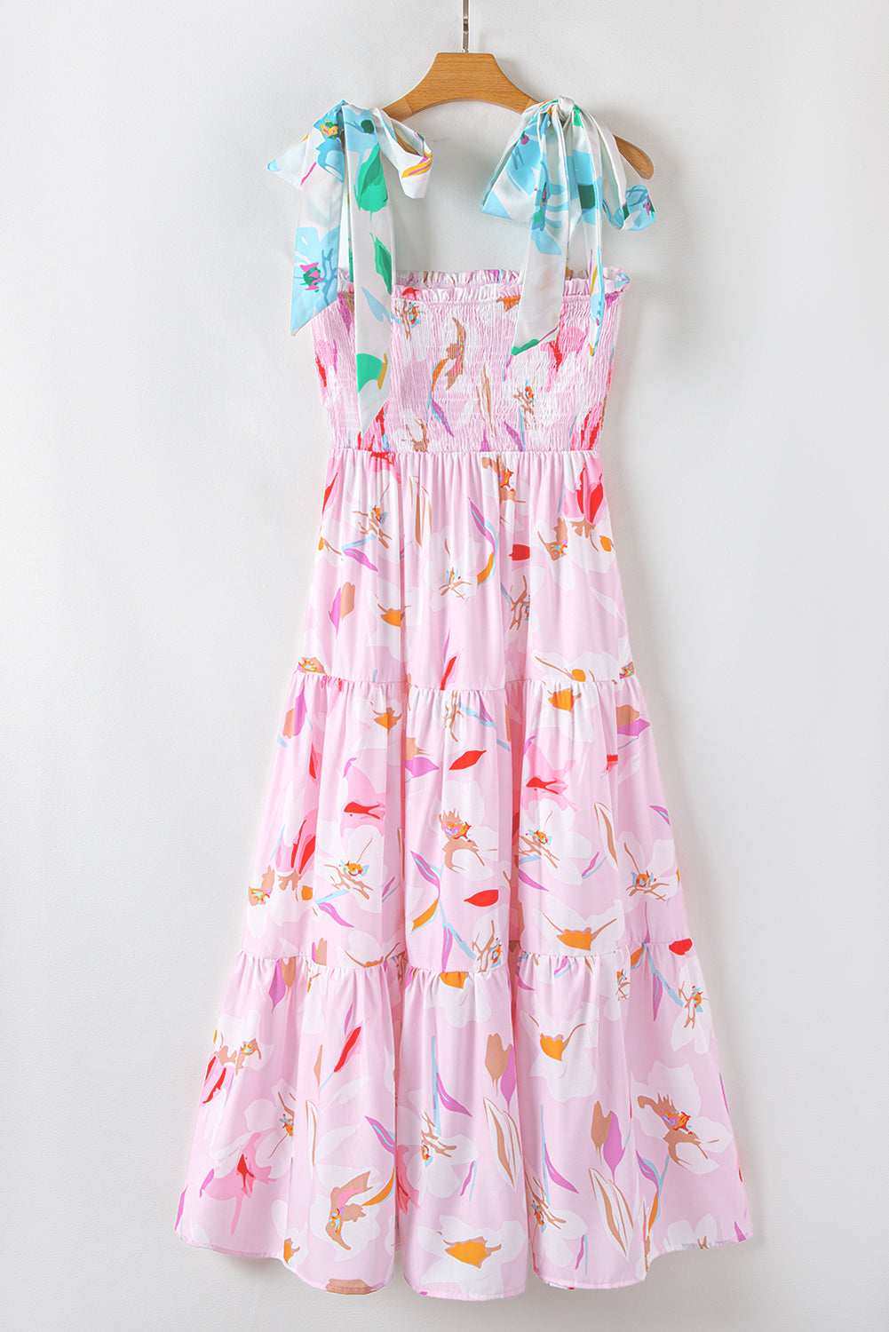 Pink Floral Print Knotted Shoulder Smocked Maxi Dress - The Fair Lady Shop