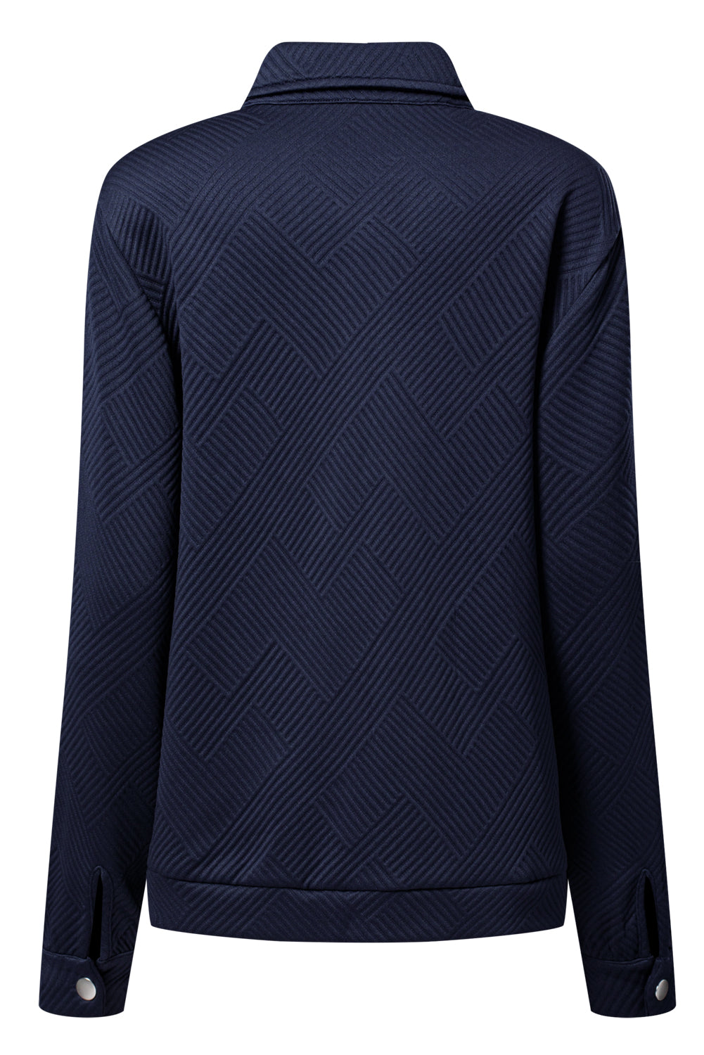 Navy Blue Solid Color Zip Up Button Flap Pocket Shirt Collar Jackets