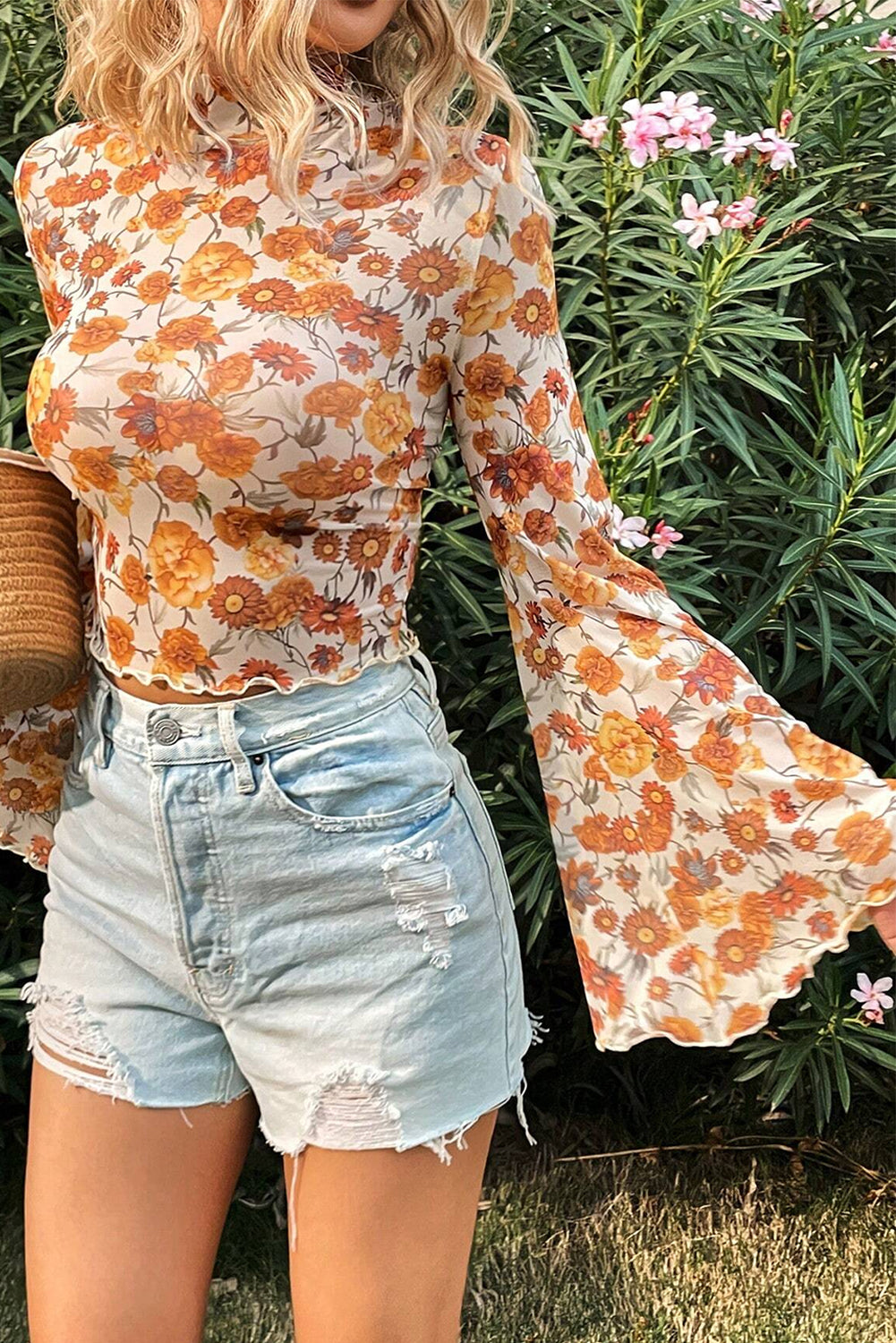 Orange Floral Print Bell Sleeve Mock Neck Scallop Trim Blouse - The Fair Lady Shop