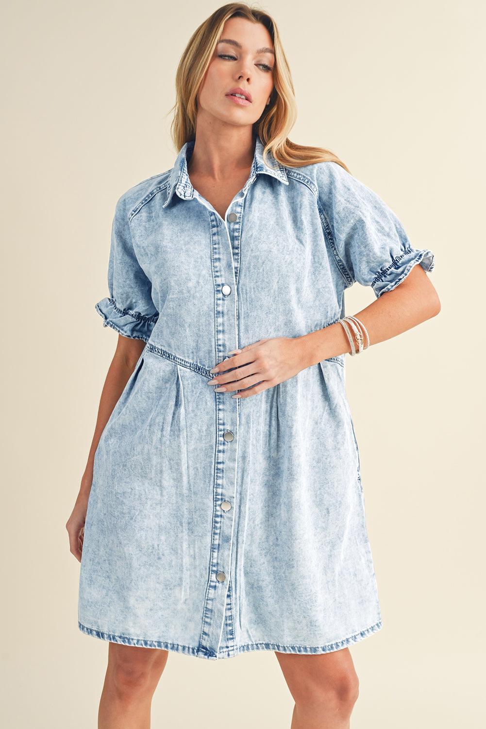 Blue Mineral Washed Ruffled Short Sleeve Pocketed Denim Dress - The Fair Lady Shop