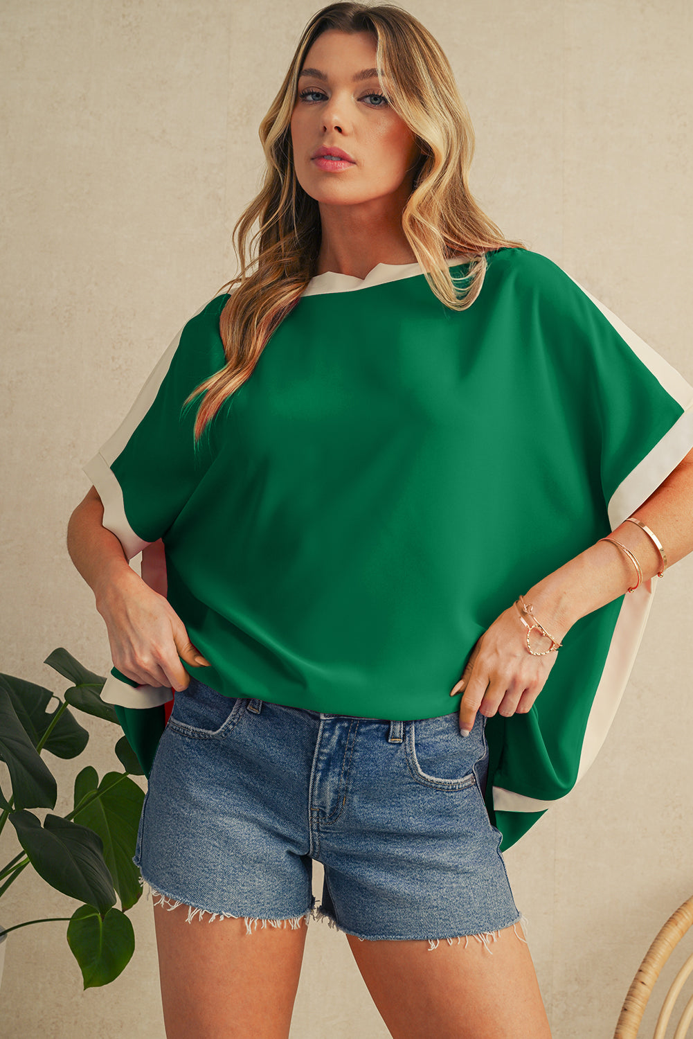 Green Colorblock Batwing Sleeve Boat Neck Blouse - The Fair Lady Shop
