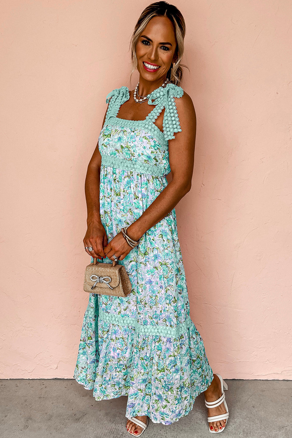 Green Floral Lace Tied Strap Empire Waist Maxi Dress - The Fair Lady Shop