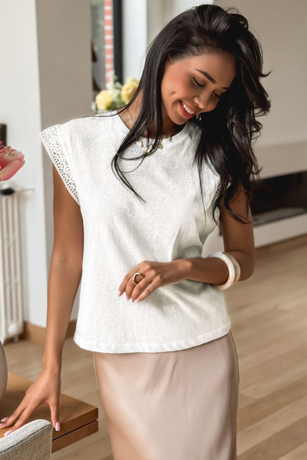 White Lace Patchwork Cap Sleeve Round Neck Top - The Fair Lady Shop