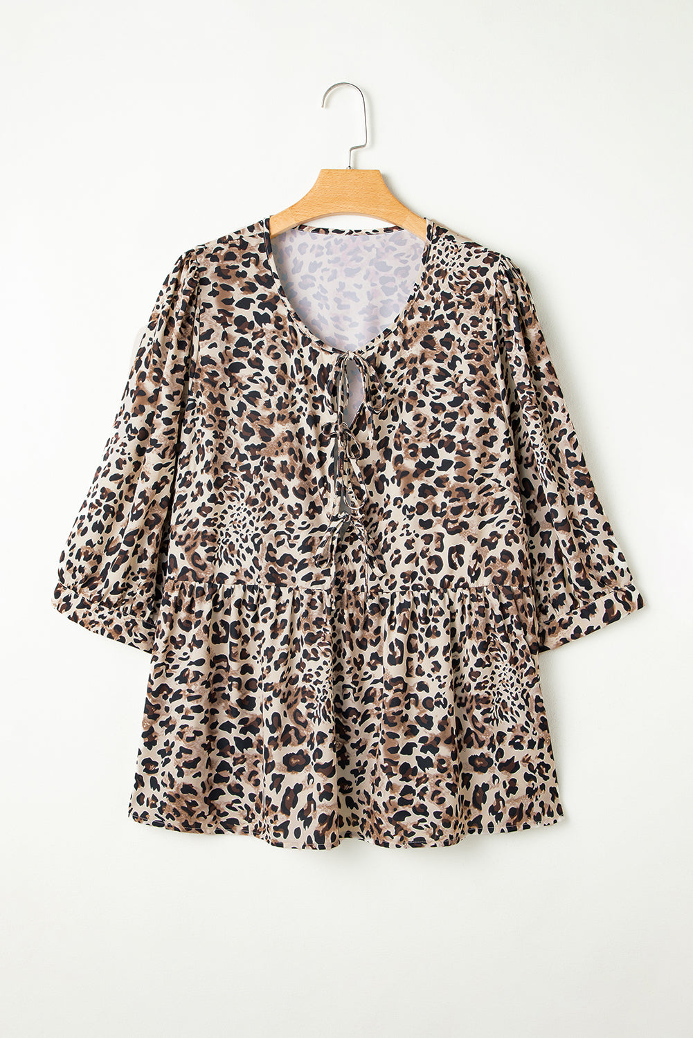 Khaki Leopard Print 3/4 Sleeve Lace-up Ruffle Plus Size Blouse - The Fair Lady Shop