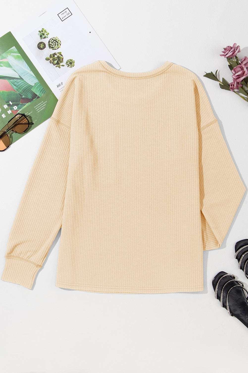 Apricot Pocketed Ribbed Long Sleeve Top - The Fair Lady Shop