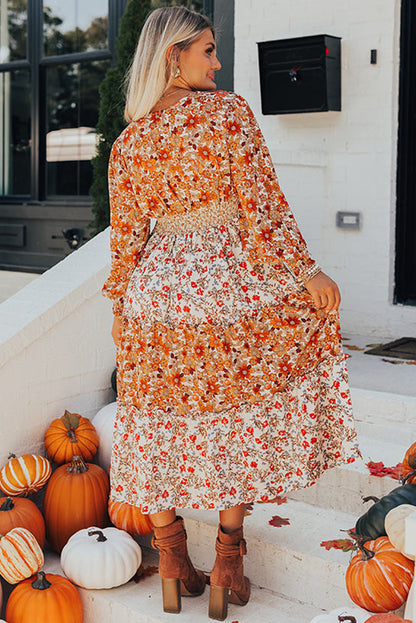 Khaki Plus Size Frill Tiered High Waist Floral Dress - The Fair Lady Shop