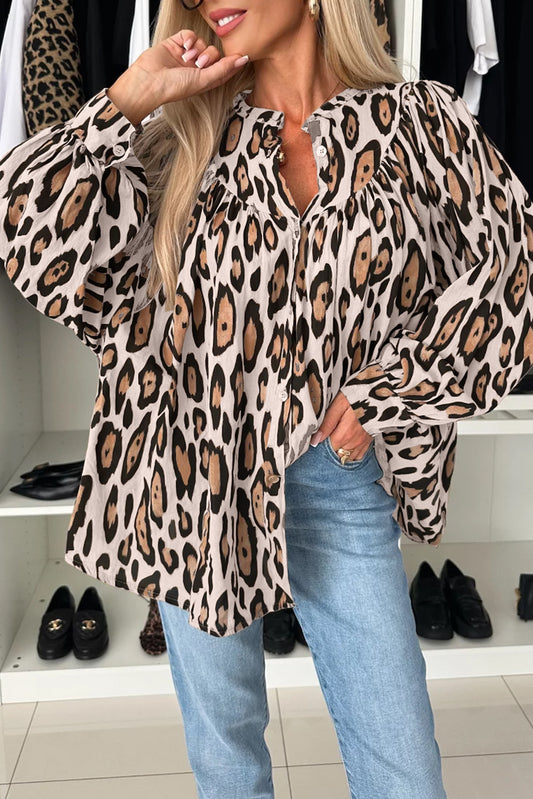 Jet Stream Leopard Print Balloon Sleeve Loose Blouse - The Fair Lady Shop