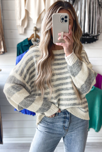 Gray Stripe Drop Shoulder Crew Neck Sweater - The Fair Lady Shop