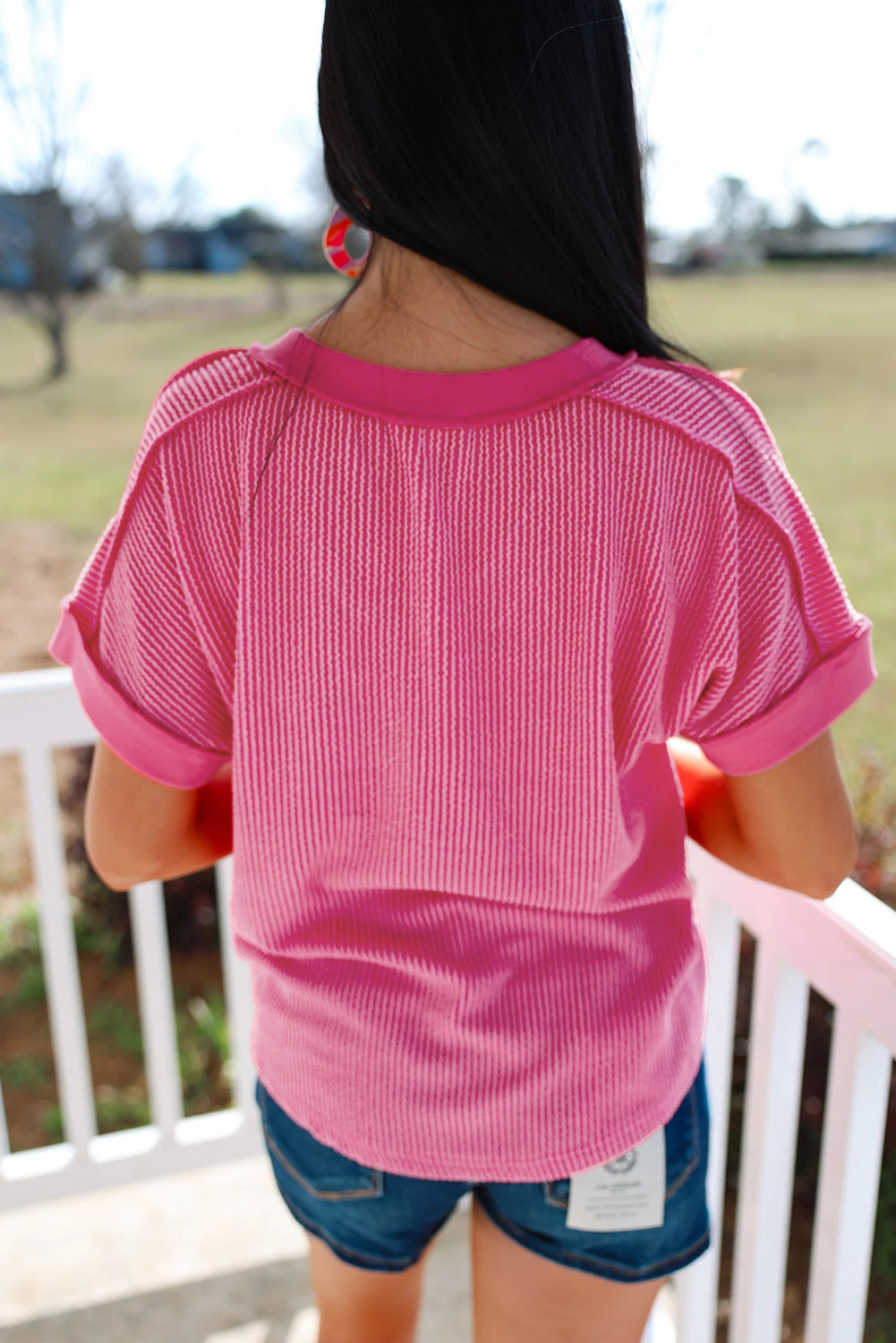 Rose Red Twisted Ribbed Knit Patchwork V Neck Casual Tee - The Fair Lady Shop