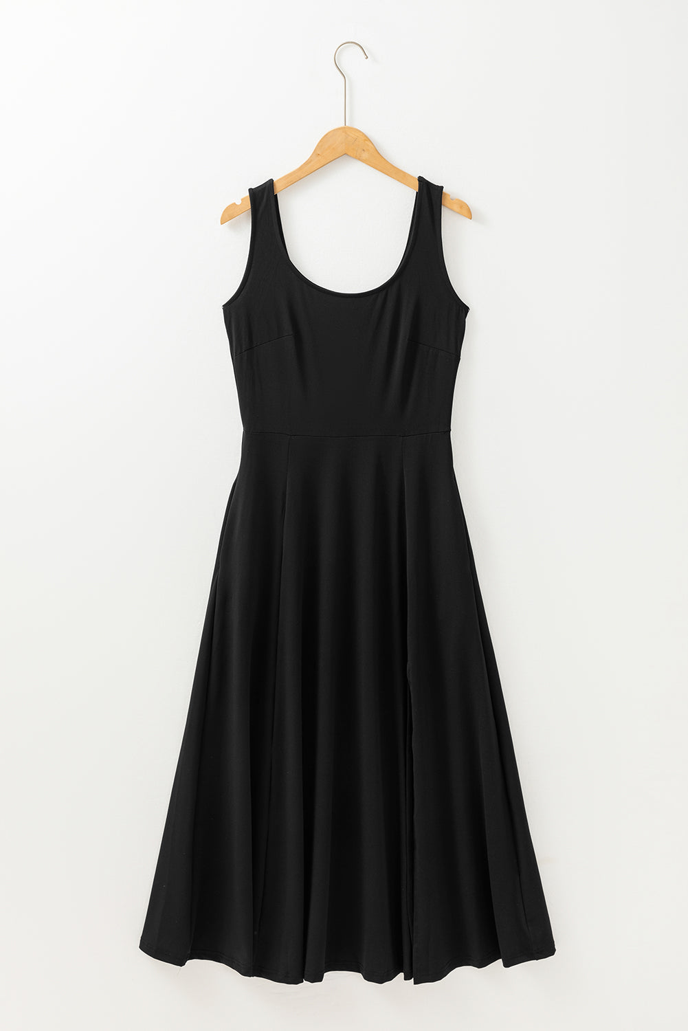 Black Sleeveless Scoop Neck Flared Split Midi Dress - The Fair Lady Shop
