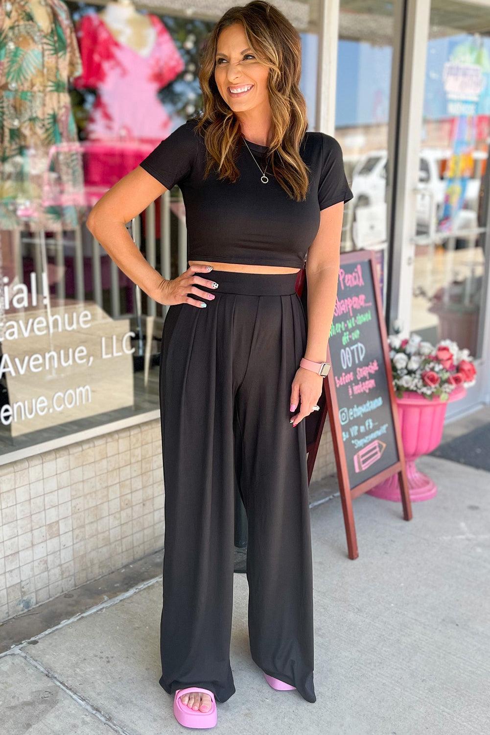 Strawberry Pink Plain Slim Fit Crop Top And Wide Leg Pants Set - The Fair Lady Shop