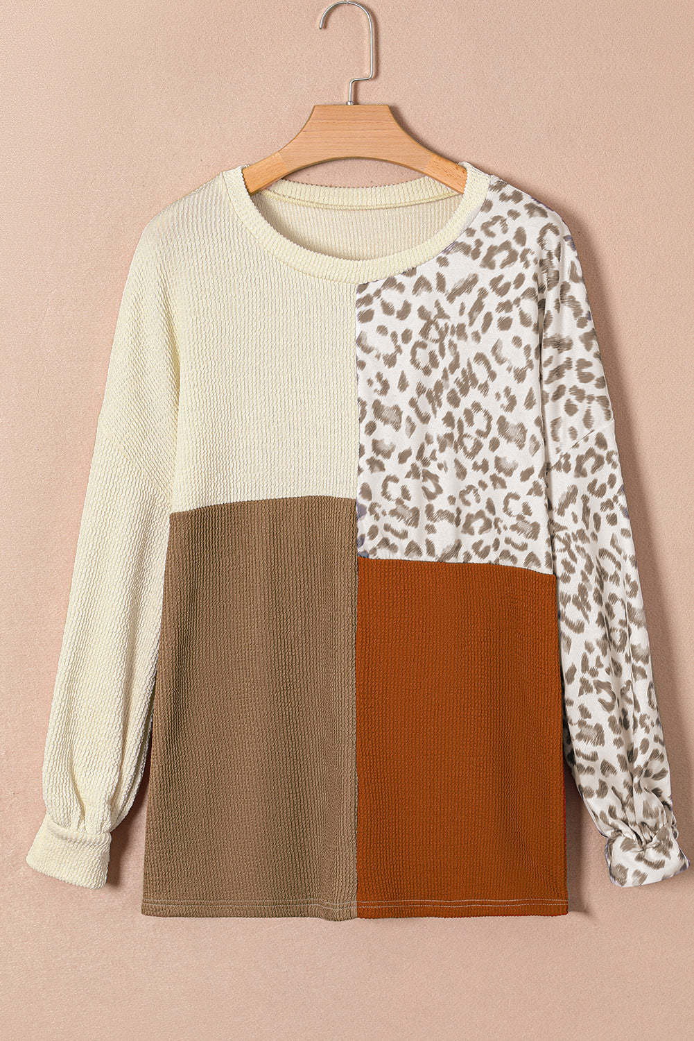 Khaki Ribbed Color Block Leopard Splicing Plus Size Top - The Fair Lady Shop