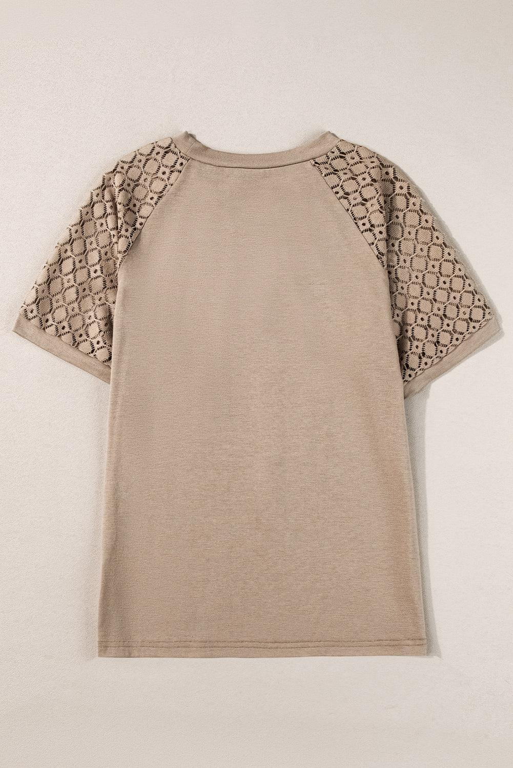 Pale Khaki Seamed Detail Contrast Lace Raglan Sleeve Tee - The Fair Lady Shop