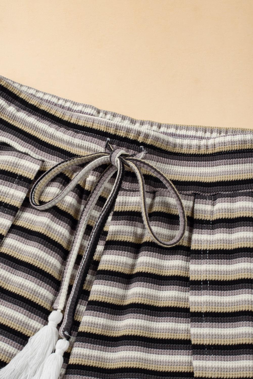 Yellow Stripe Rainbow Tee and Tassel Drawstring Wide Leg Pants Set - The Fair Lady Shop