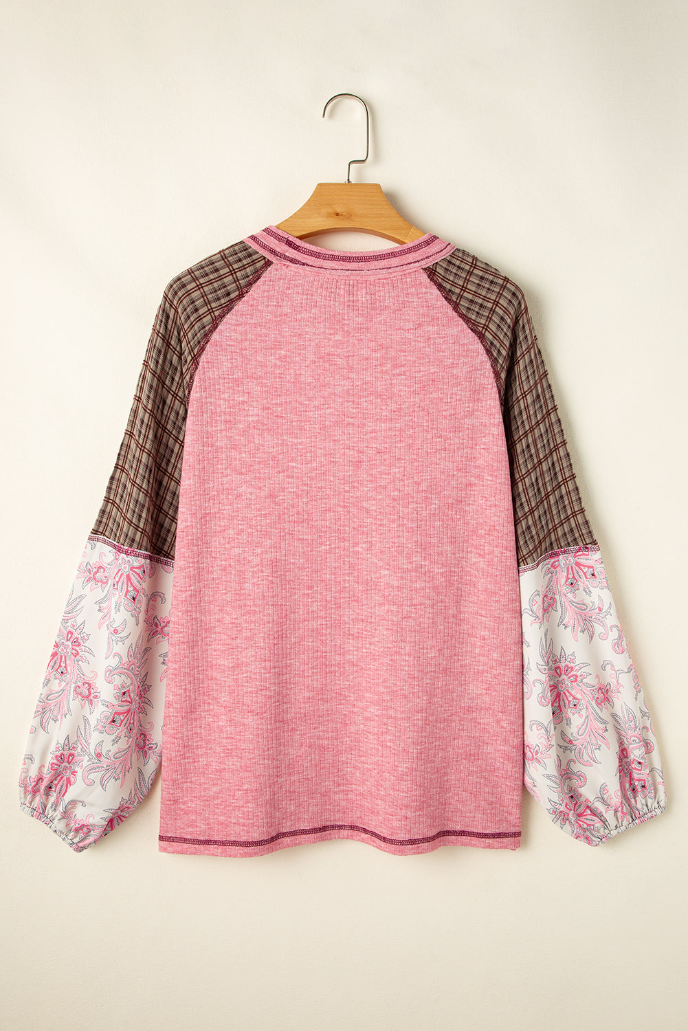 Fushia Floral Plaid Mixed Print Patchwork Raglan Ribbed Top - The Fair Lady Shop