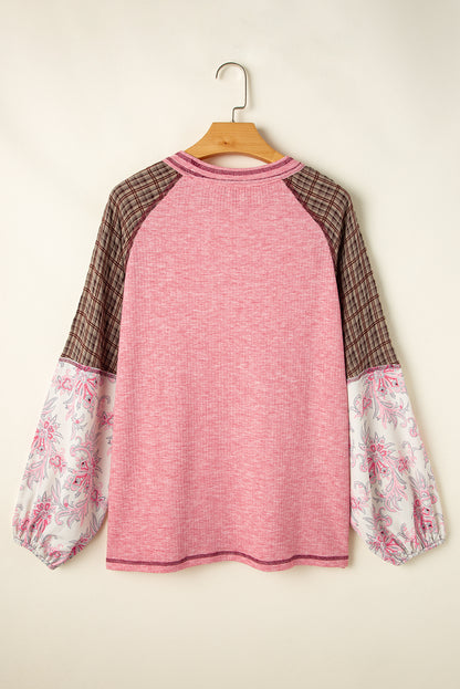 Fushia Floral Plaid Mixed Print Patchwork Raglan Ribbed Top - The Fair Lady Shop