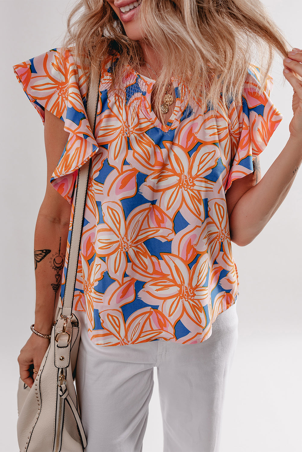 Orange Summer Flower Print Smocked Notched Neck Ruffle Blouse - The Fair Lady Shop