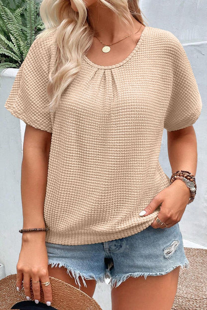 Beige Hollowed Lace Applique Plus Size Waffle T Shirt - The Fair Lady Shop