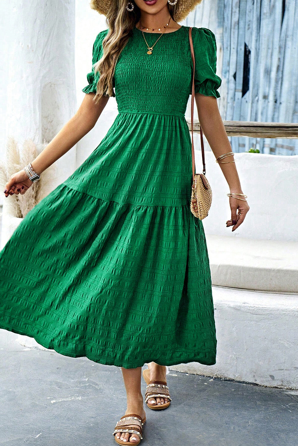 Dark Green Solid Textured Shirred High Waist Midi Dress - The Fair Lady Shop
