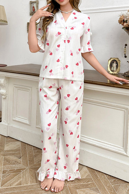 White Heart Print Crinkle Ruffle Hem Pajama Set - The Fair Lady Shop