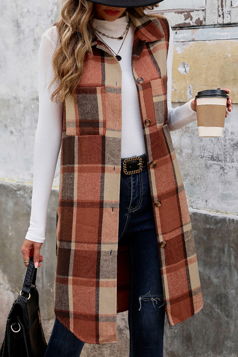 Cinnamon Mid Length Sleeveless Plaid Vest Jacket - The Fair Lady Shop