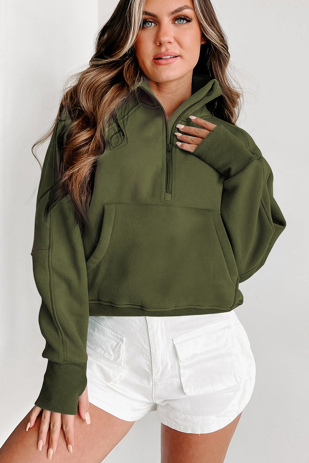Green Zip Up Stand Collar Ribbed Thumbhole Sleeve Sweatshirt - The Fair Lady Shop