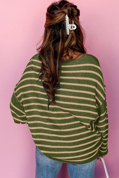 Khaki Casual Stripe Round Neck Drop Shoulder Sweater - The Fair Lady Shop