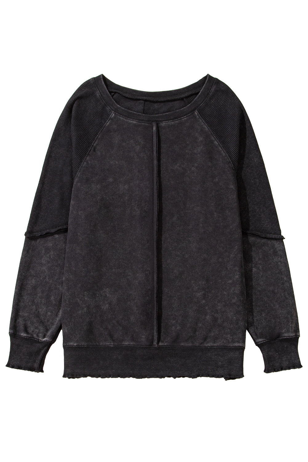 Black Solid Waffle Knit Patchwork Raglan Sleeve Sweatshirt - The Fair Lady Shop