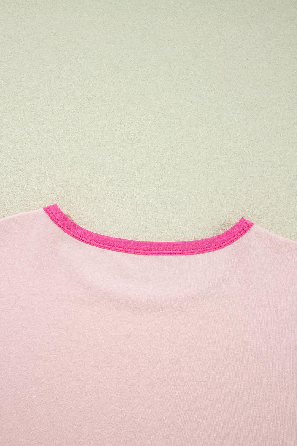 Pink Color Block Sleeve Round Neck Oversize Top - The Fair Lady Shop