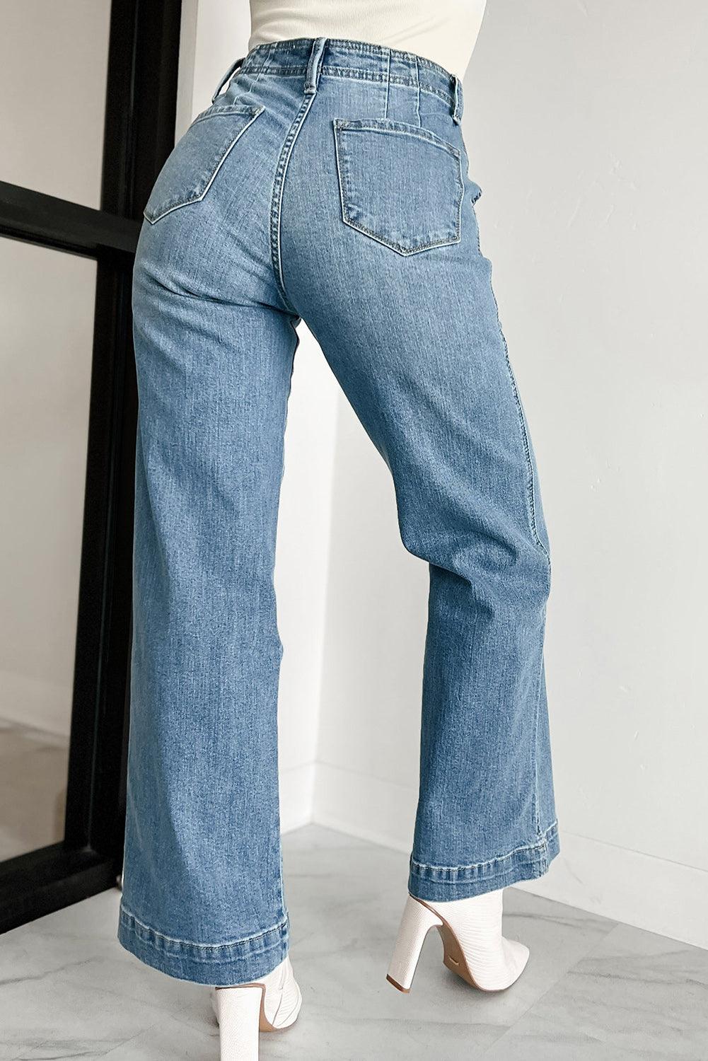 Dusk Blue Multi Button Waist Wash Straight Leg Jeans - The Fair Lady Shop