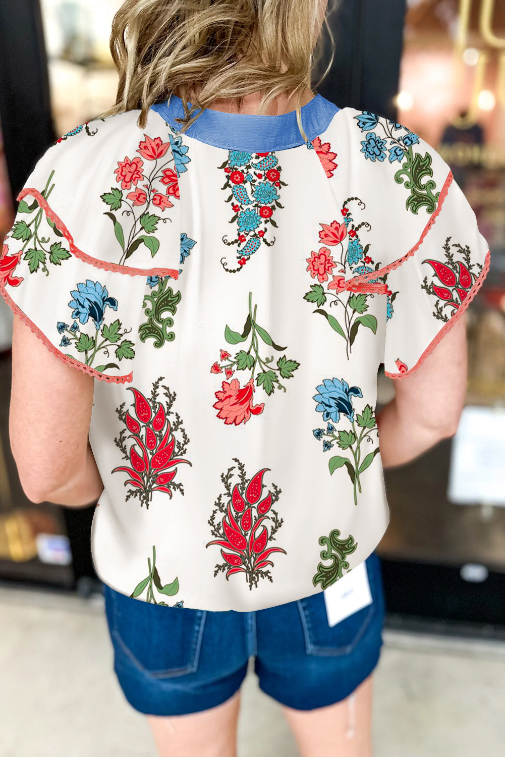 White Floral Tassel Tie V-Neck Lace Trim Ruffle Blouse - The Fair Lady Shop