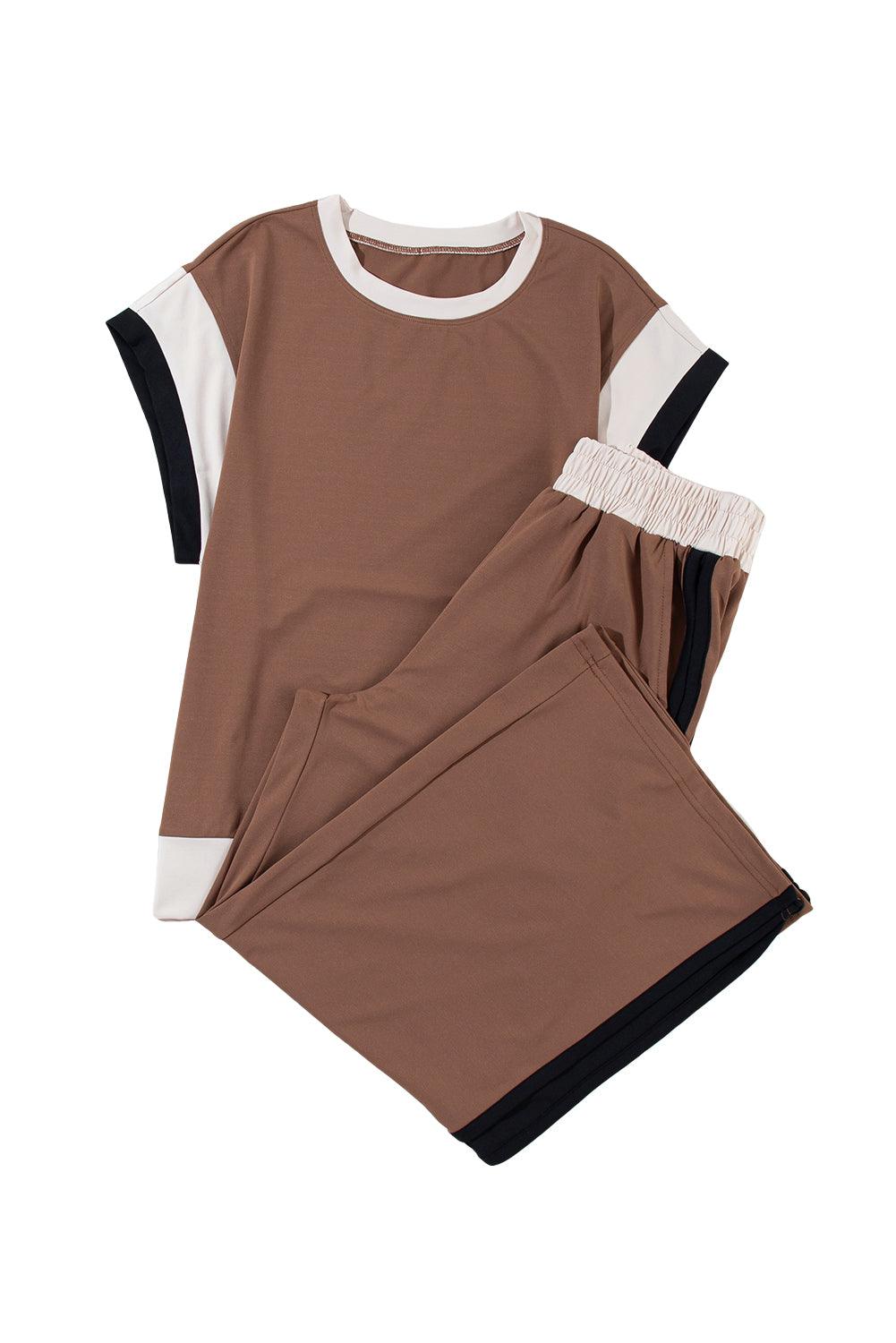 Chestnut Colorblock Cap Sleeve Tee and Wide Leg Pants Set - The Fair Lady Shop