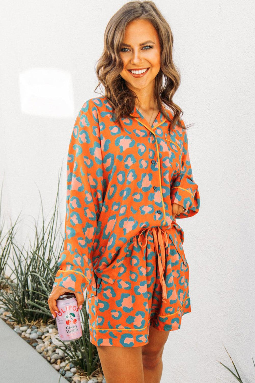 Orange Leopard Print Long Sleeve Shirt and Shorts Pajama Set - The Fair Lady Shop