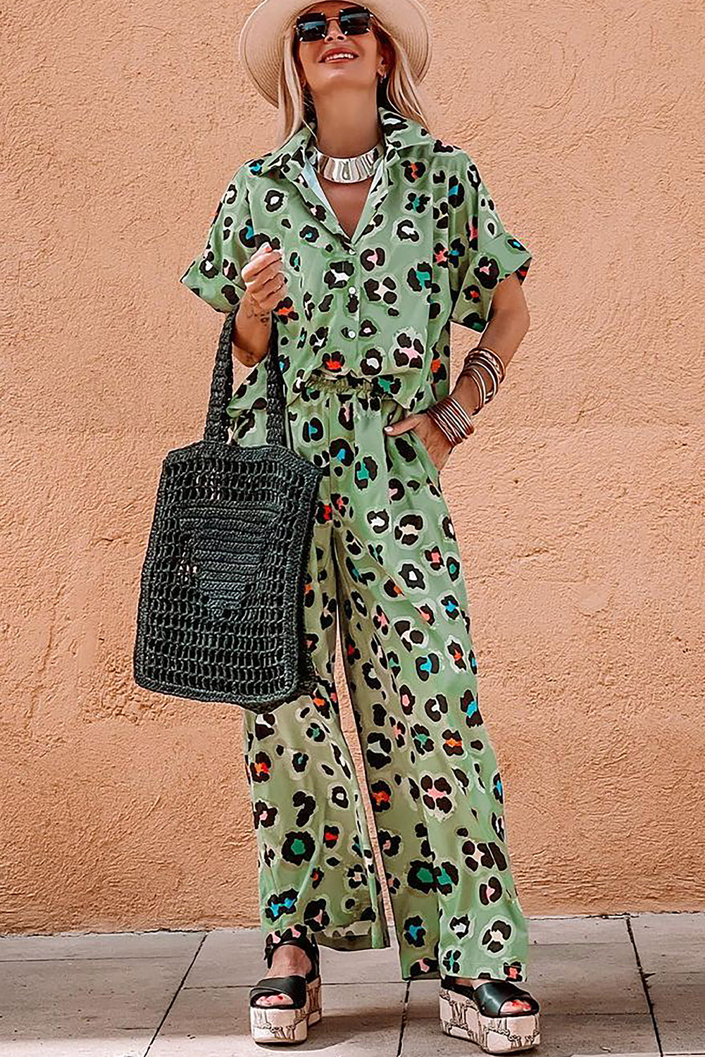 Green Leopard Print Short Sleeve Shirt and Wide Leg Pants Set - The Fair Lady Shop