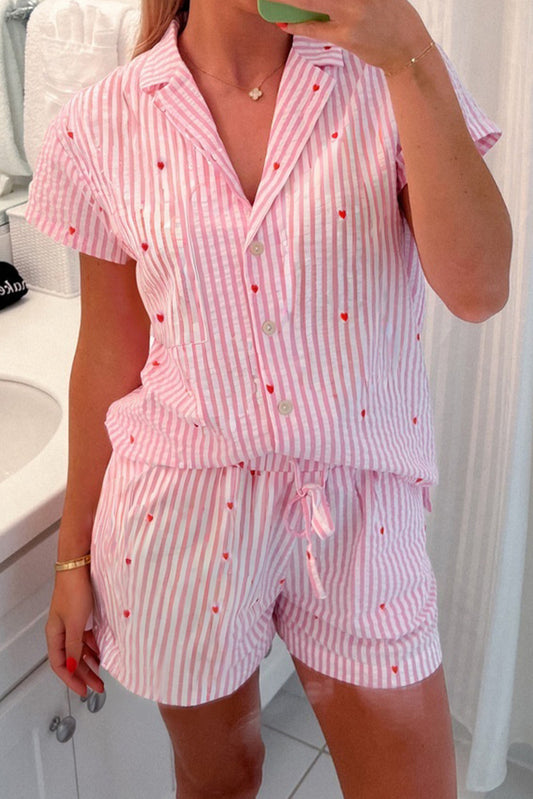 Pink Striped Heart Print Shirt and Shorts Pajama Set - The Fair Lady Shop